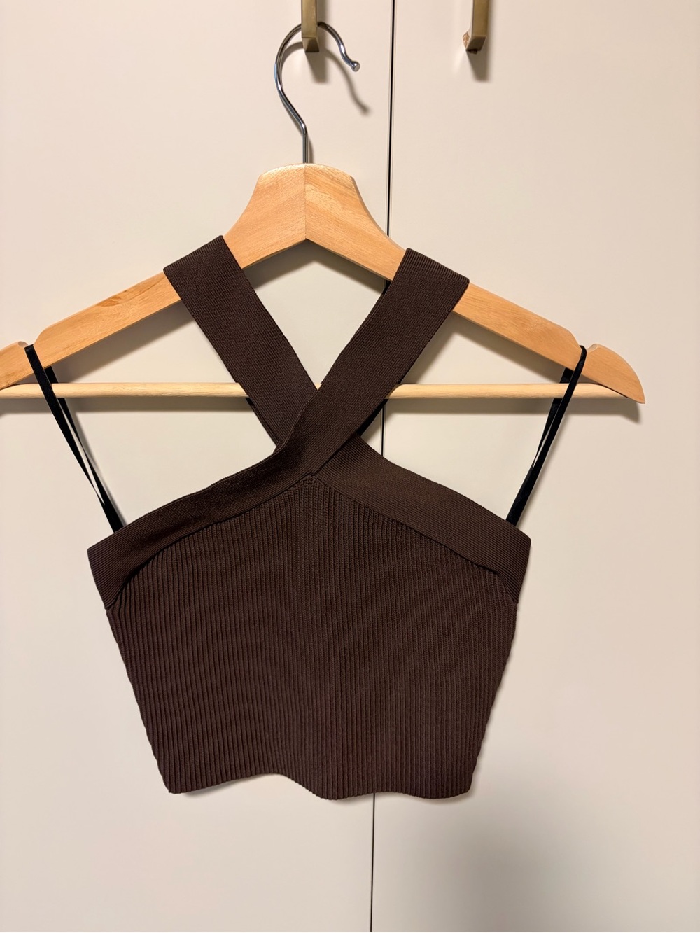 Babaton Dark Brown Ribbed Cross-Back Crop Top